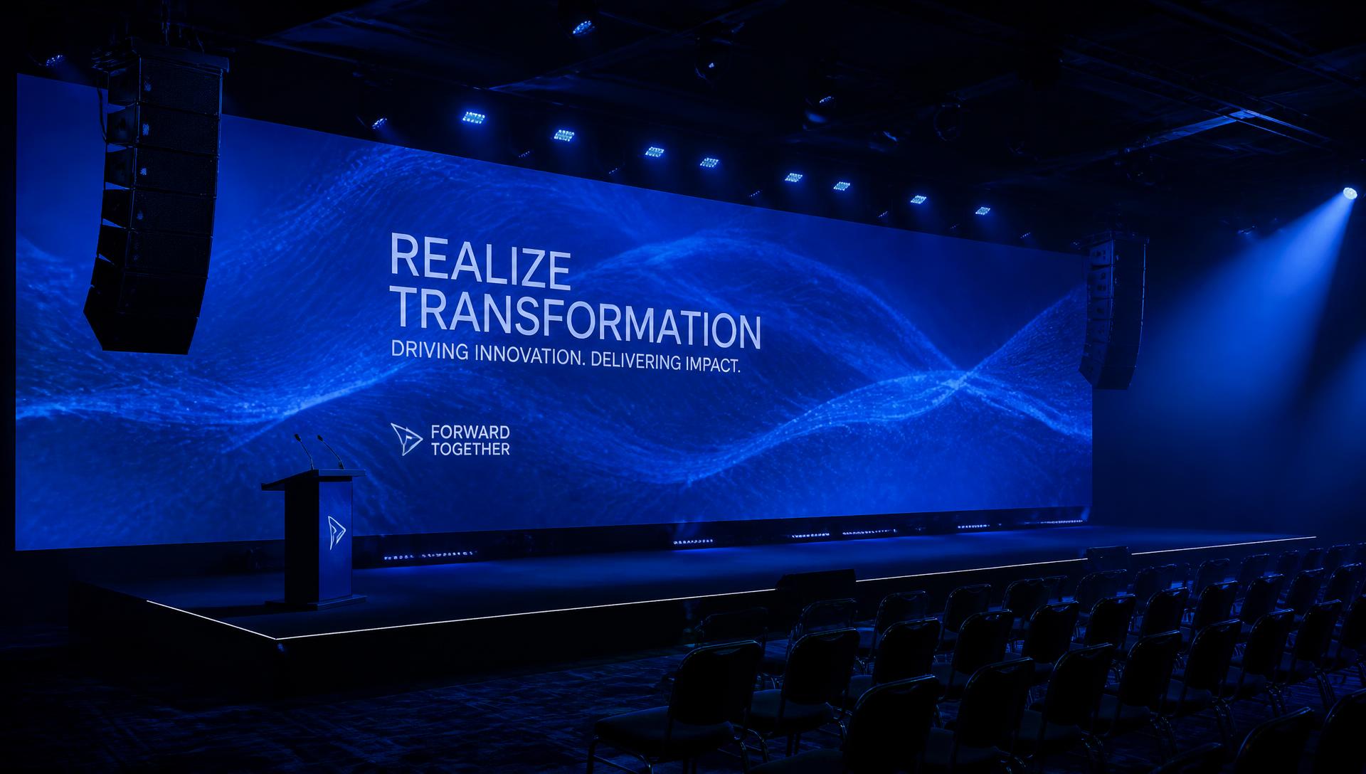 Corporate conference stage with a large blue LED video wall and line-array speakers